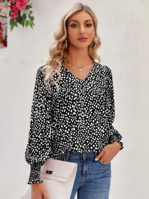 Printed V-Neck Lantern Sleeve Blouse sold by Charming Charlie