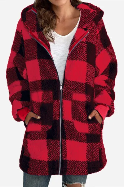 Double Take Full Size Plaid Long Sleeve Hooded Coat sold by Charming Charlie