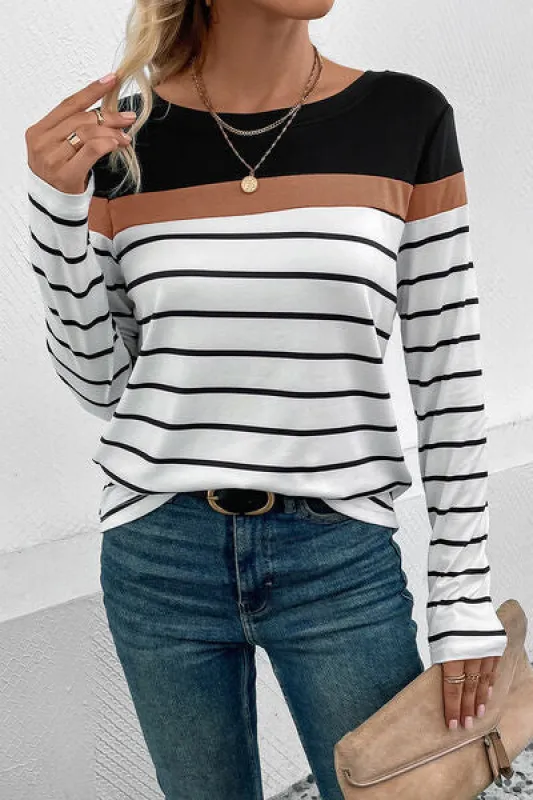 Striped Round Neck Long Sleeve T-Shirt sold by Charming Charlie