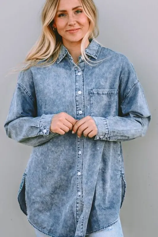 Button Up Dropped Shoulder Denim Top sold by Charming Charlie