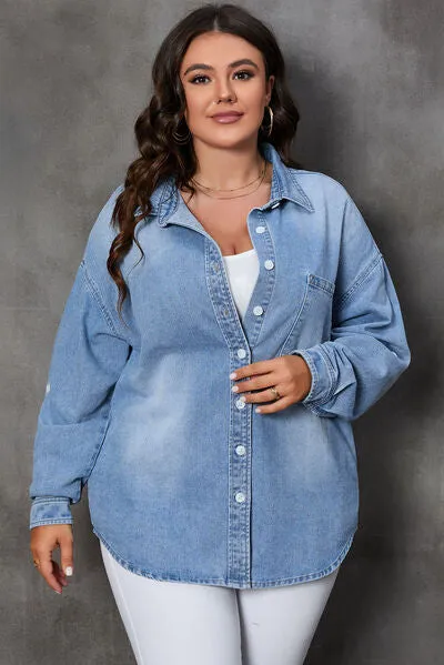 Plus Size Button Up Pocketed Denim Top sold by Charming Charlie