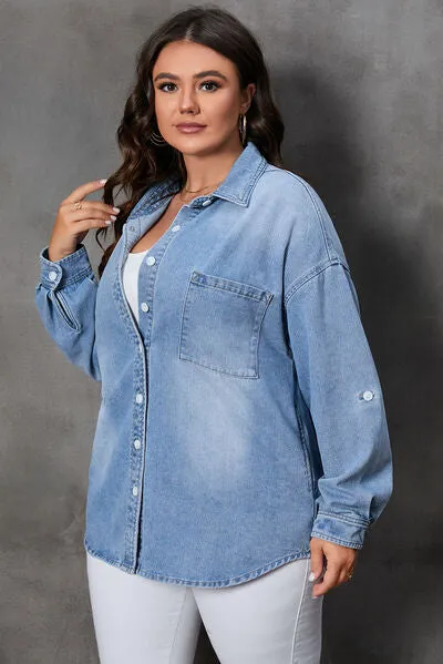 Plus Size Button Up Pocketed Denim Top sold by Charming Charlie product image thumbnail 3