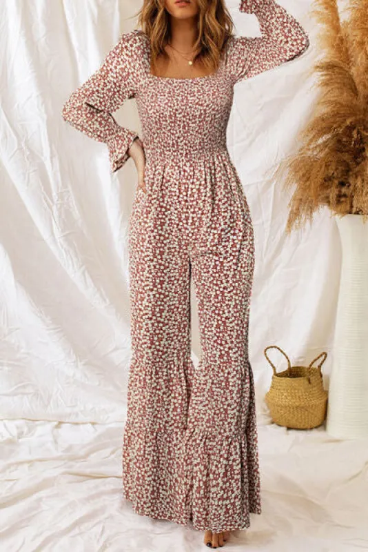 Floral Smocked Flounce Sleeve Square Neck Jumpsuit sold by Charming Charlie