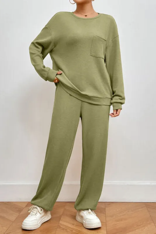 Pocketed Round Neck Top and Pants Lounge Set sold by Charming Charlie