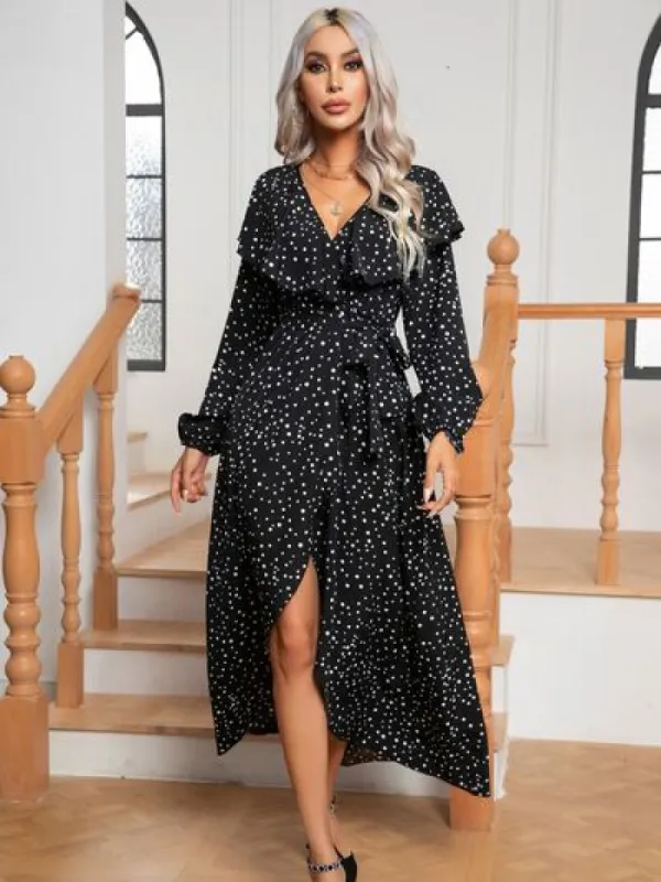 Polka Dot Tie Front Long Sleeve Slit Dress sold by Charming Charlie