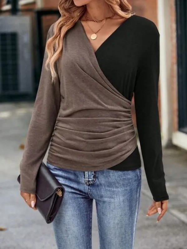 Contrast Surplice Ruched Long Sleeve Blouse sold by Charming Charlie