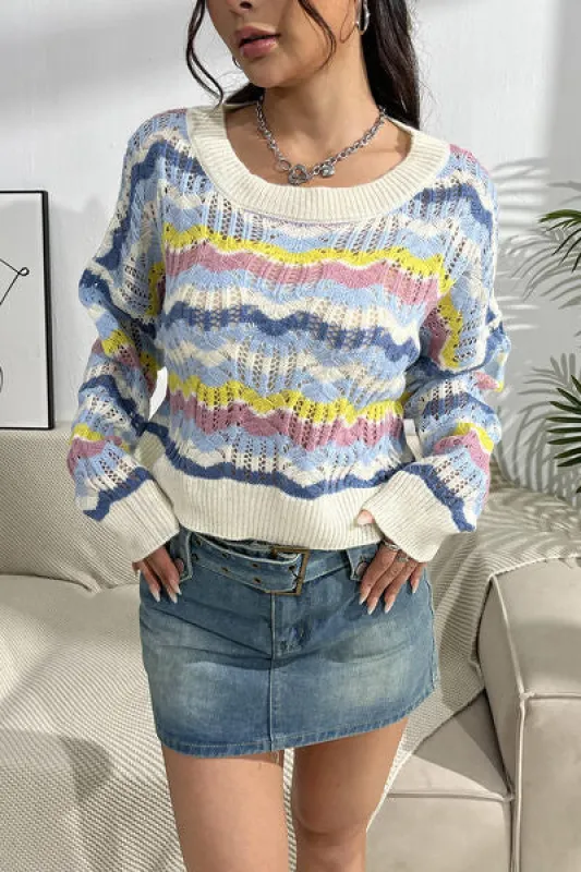 Striped Openwork Dropped Shoulder Sweater sold by Charming Charlie