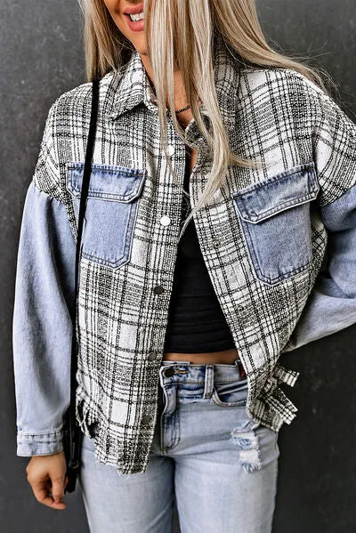 Plaid Pocketed Snap Down Denim Jacket sold by Charming Charlie product image thumbnail 3