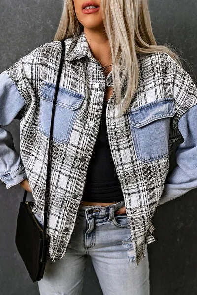 Plaid Pocketed Snap Down Denim Jacket sold by Charming Charlie product image thumbnail 4