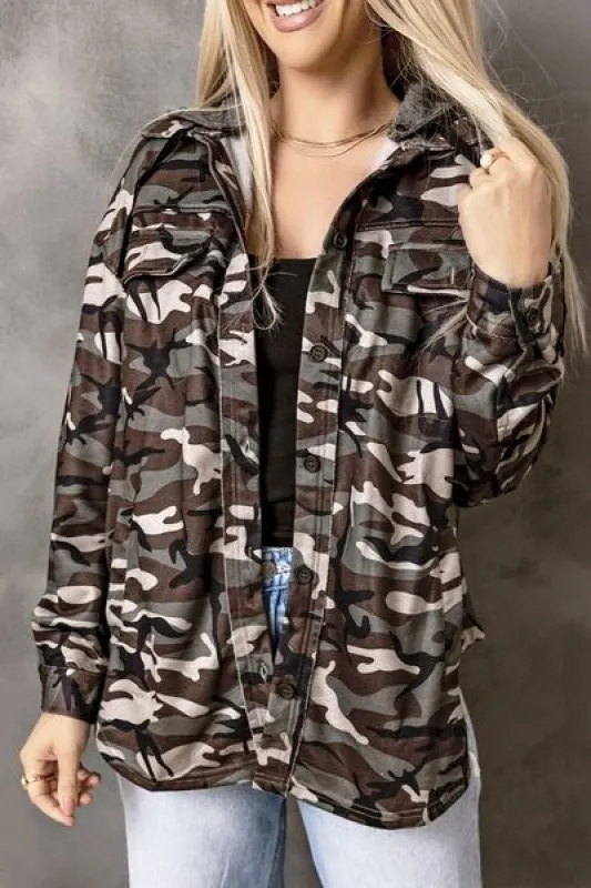 Camouflage Button Up Hooded Jacket sold by Charming Charlie