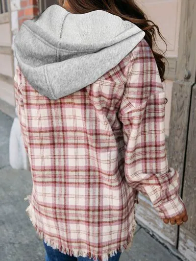 Plaid Raw Hem Drawstring Hooded Jacket sold by Charming Charlie product image thumbnail 2