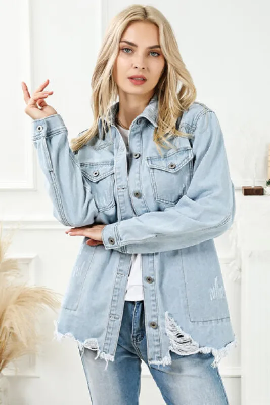 Distressed Button Up Frayed Hem Denim Jacket sold by Charming Charlie