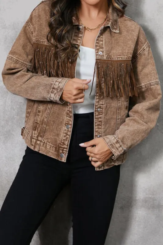 Fringe Trim Snap Down Denim Jacket sold by Charming Charlie