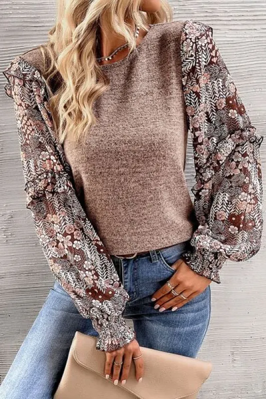 Heathered Floral Frill Lantern Sleeve Blouse sold by Charming Charlie