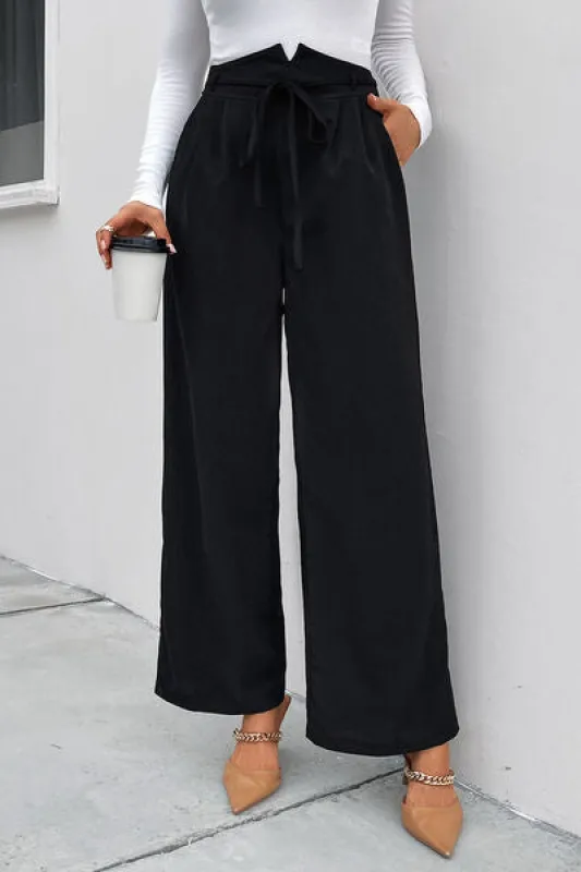 High Waist Ruched Tie Front Wide Leg Pants sold by Charming Charlie