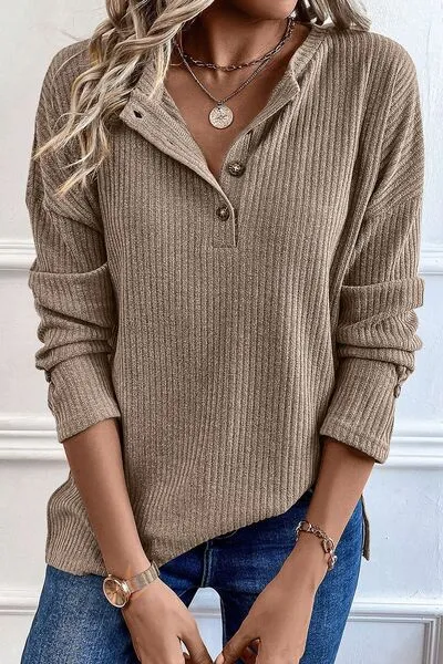 Ribbed Half Button Long Sleeve Knit Top sold by Charming Charlie