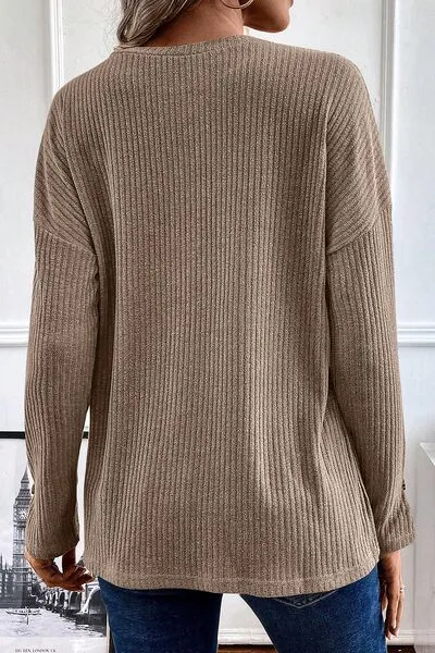 Ribbed Half Button Long Sleeve Knit Top sold by Charming Charlie product image thumbnail 2