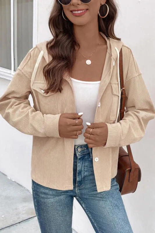 Ribbed Button Up Drawstring Hooded Jacket sold by Charming Charlie