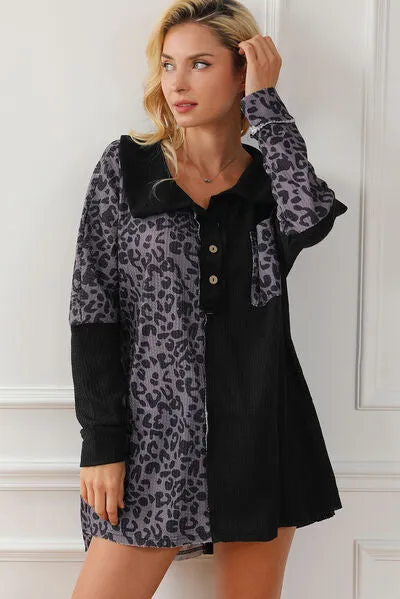 Half Button Leopard Collared Neck Blouse sold by Charming Charlie