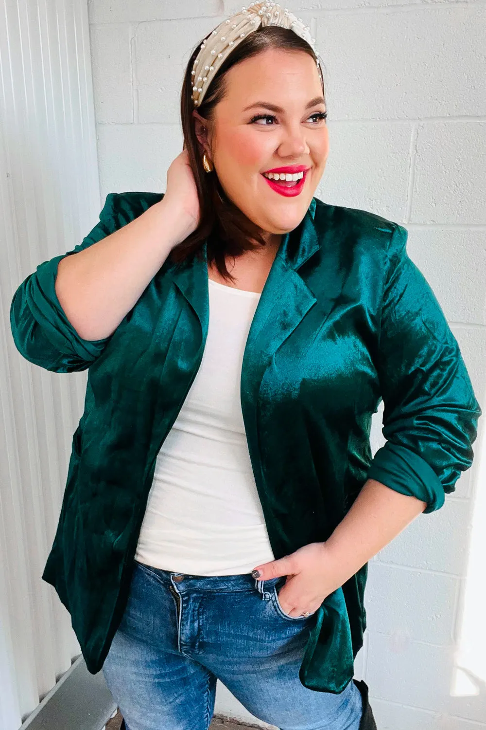 Dazzling Hunter Green Velvet Lapel Blazer sold by Charming Charlie