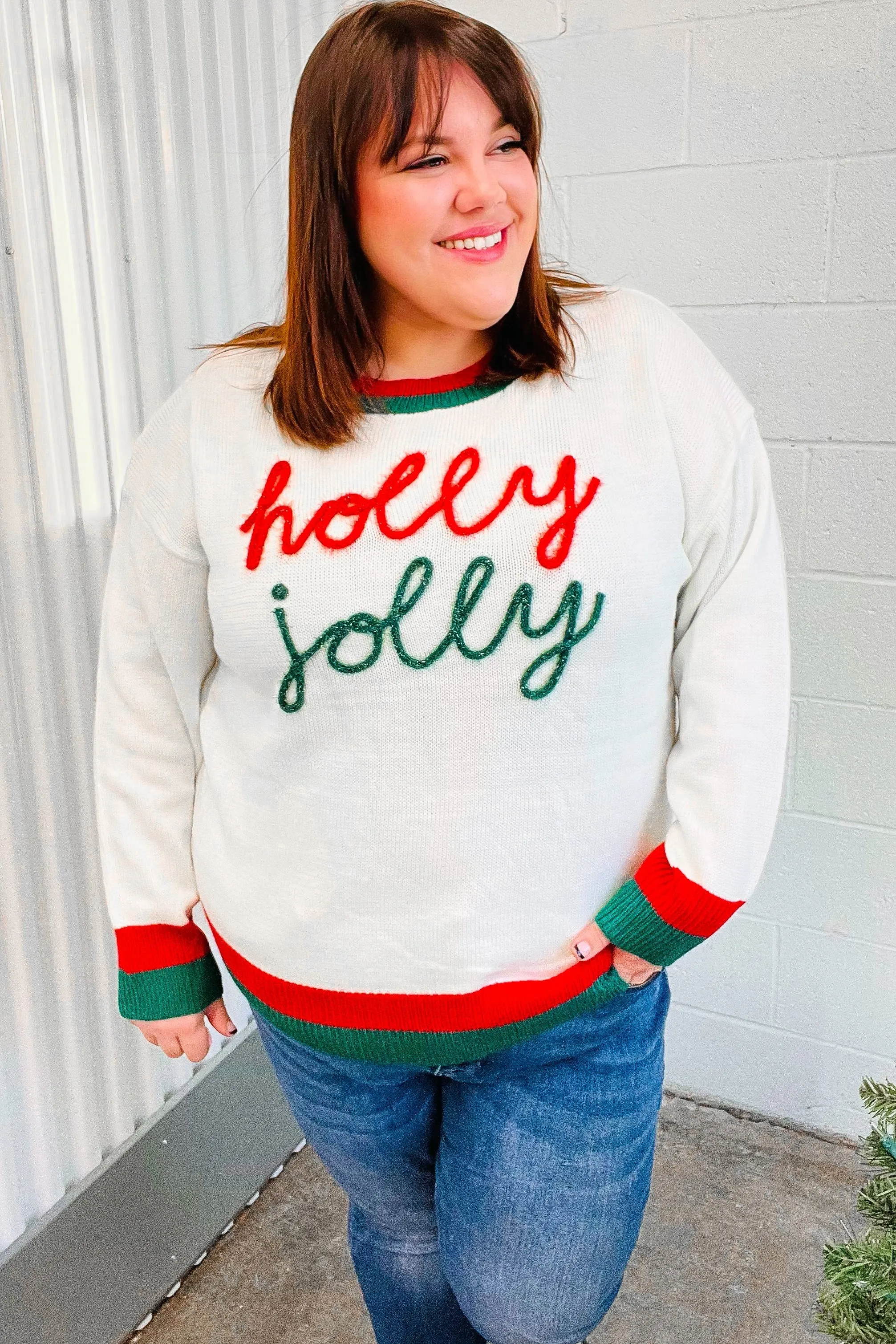Hohoho Red & Green "Holly Jolly" Lurex Embroidered Sweater sold by Charming Charlie product image thumbnail 5