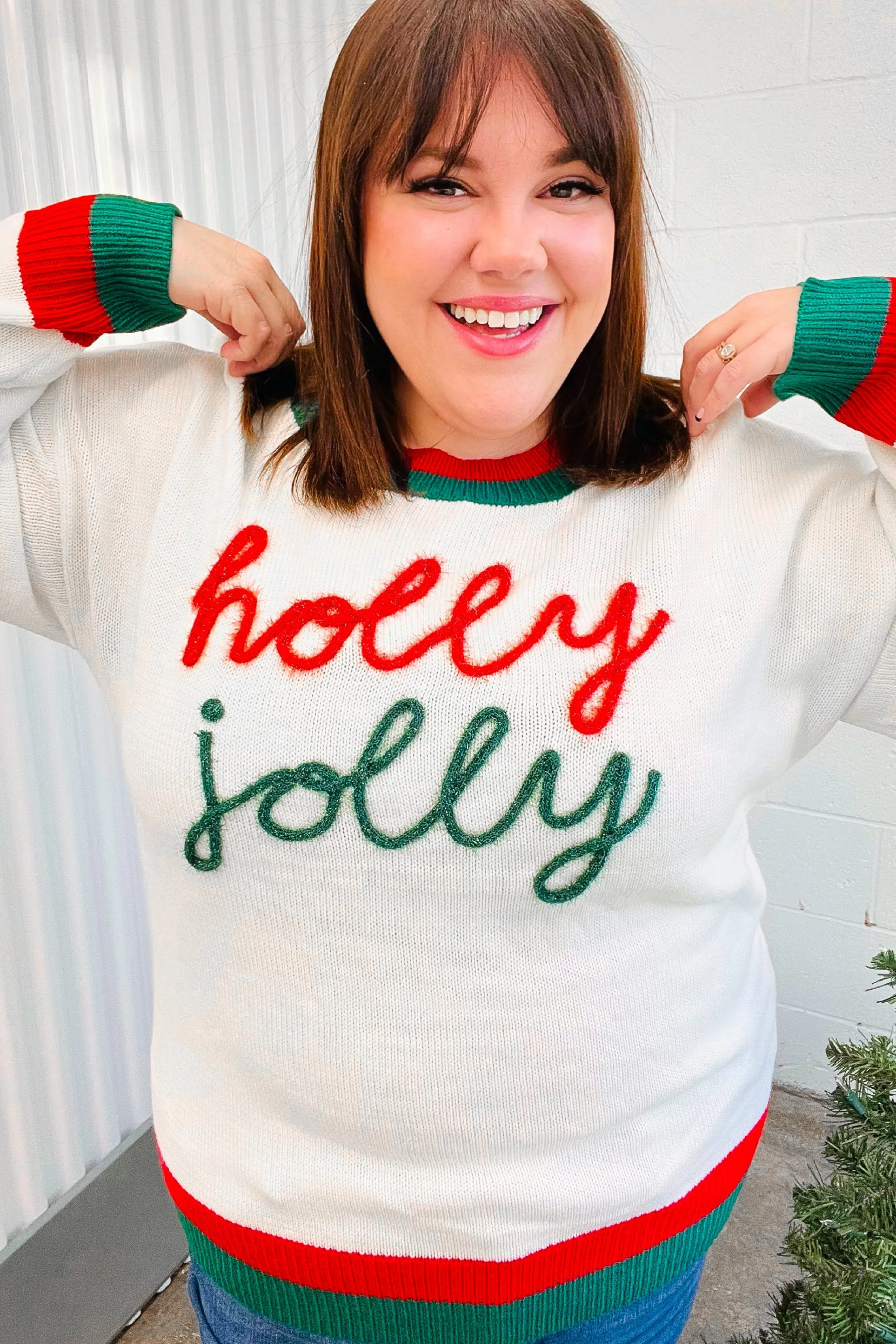 Hohoho Red & Green "Holly Jolly" Lurex Embroidered Sweater sold by Charming Charlie product image thumbnail 2