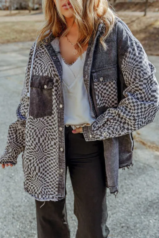 Plaid Snap Down Raw Hem Drawstring Hooded Jacket sold by Charming Charlie