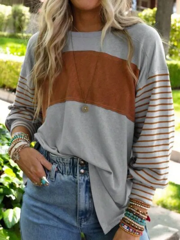 Round Neck Striped Long Sleeve Slit T-Shirt sold by Charming Charlie