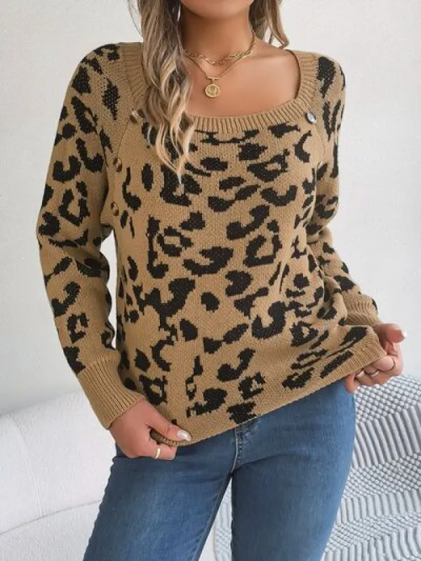 Leopard Buttoned Square Neck Sweater sold by Charming Charlie