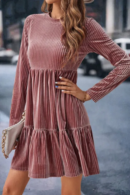 Ribbed Round Neck Ruffle Hem Mini Dress sold by Charming Charlie