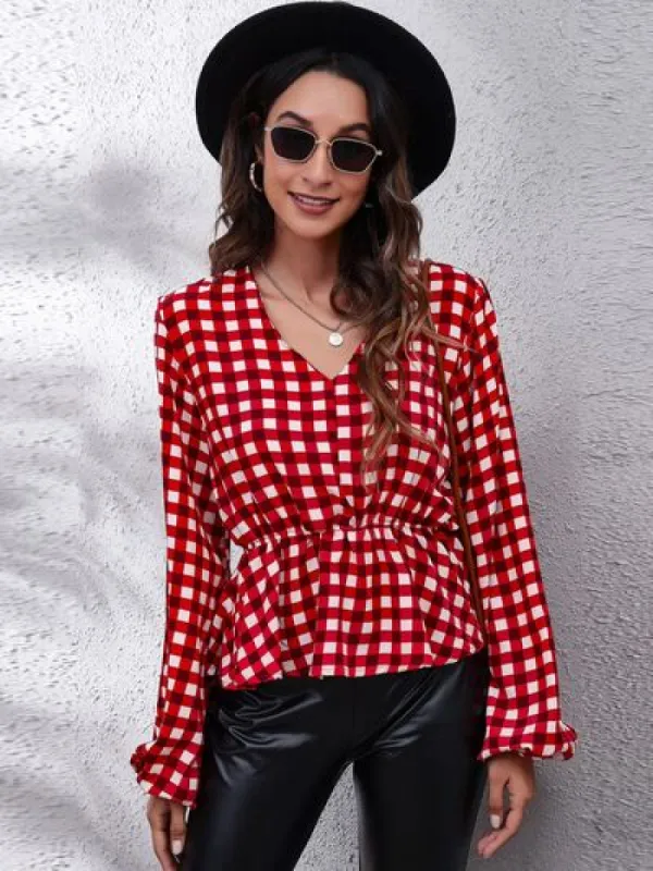 Plaid V-Neck Balloon Sleeve Peplum Blouse sold by Charming Charlie