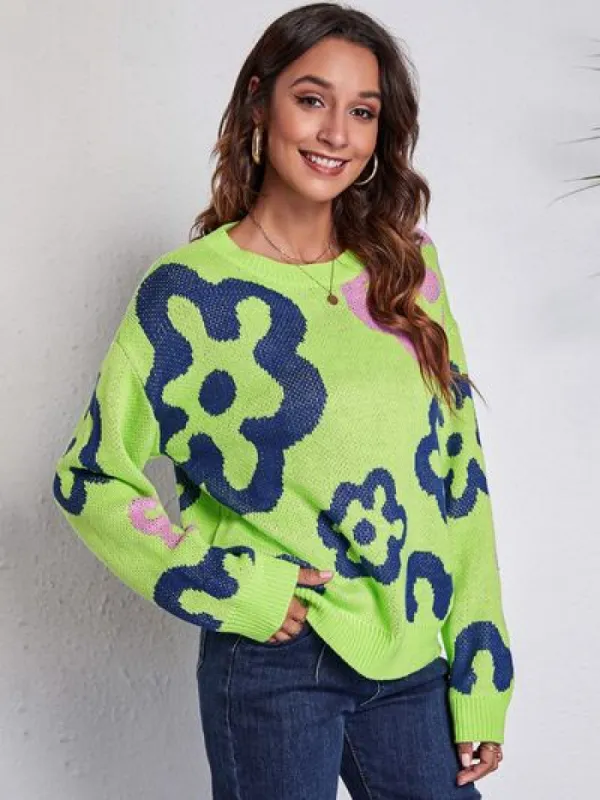 Flower Pattern Round Neck Long Sleeve Sweater sold by Charming Charlie