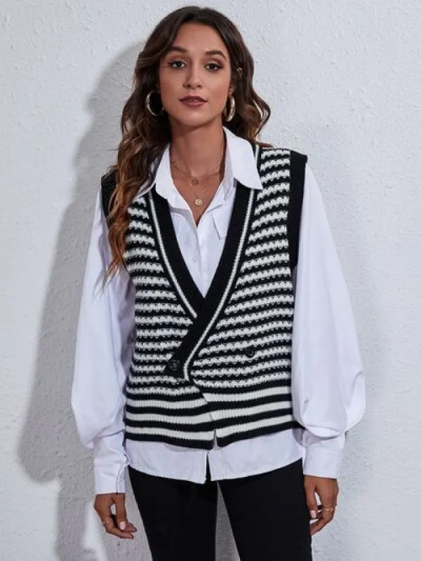 Striped Button Up V-Neck Sweater Vest sold by Charming Charlie