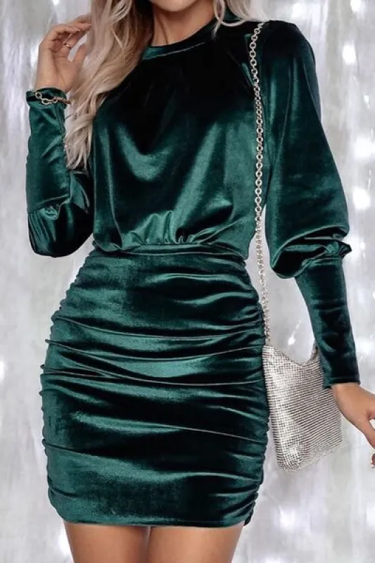 Ruched Round Neck Lantern Sleeve Mini Dress sold by Charming Charlie
