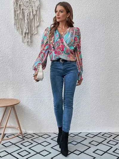 Printed Surplice Smocked Lantern Sleeve Blouse sold by Charming Charlie product image thumbnail 4