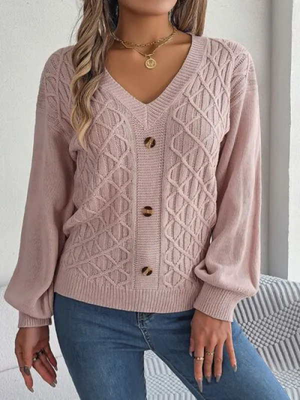 Cable-Knit V-Neck Lantern Sleeve Sweater sold by Charming Charlie