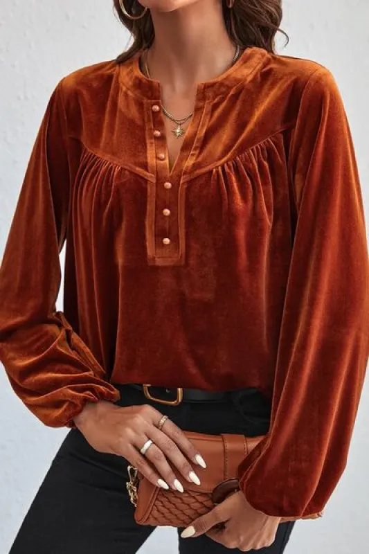 Ruched Decorative Button Notched Blouse sold by Charming Charlie