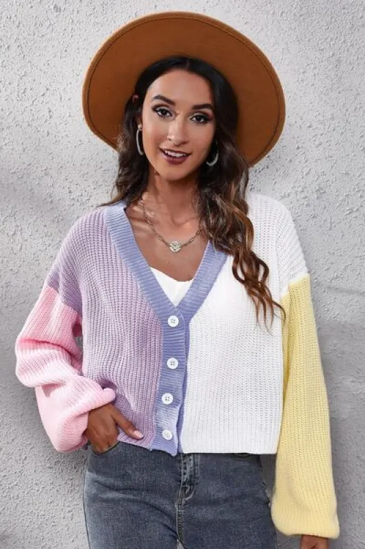 Color Block Button Up V-Neck Knit Top sold by Charming Charlie