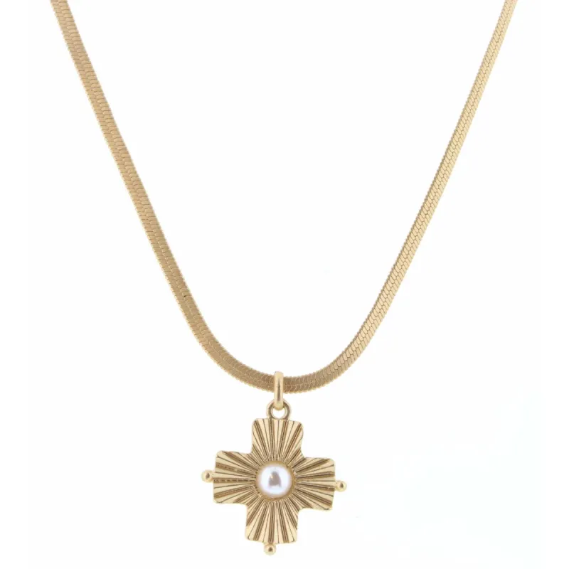 16" Pearl Embelished Textured Cross Snake Chain Necklace sold by Charming Charlie
