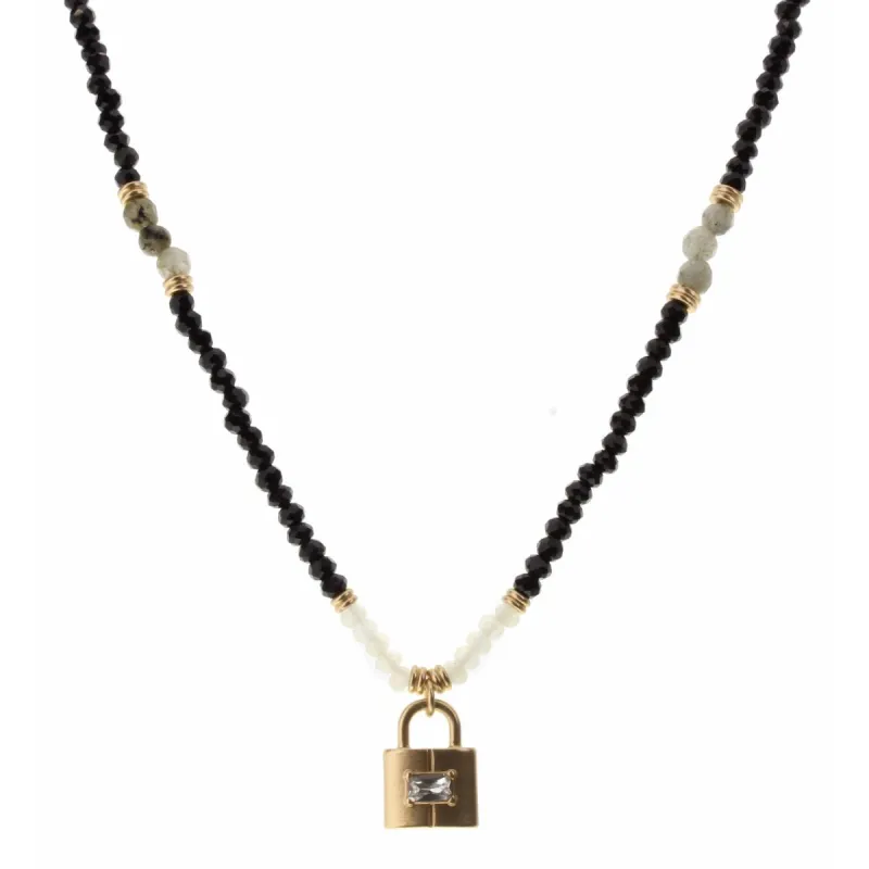 16" Jet and Labrodite Body with Padlock Charm Necklace, 3" Ext. sold by Charming Charlie