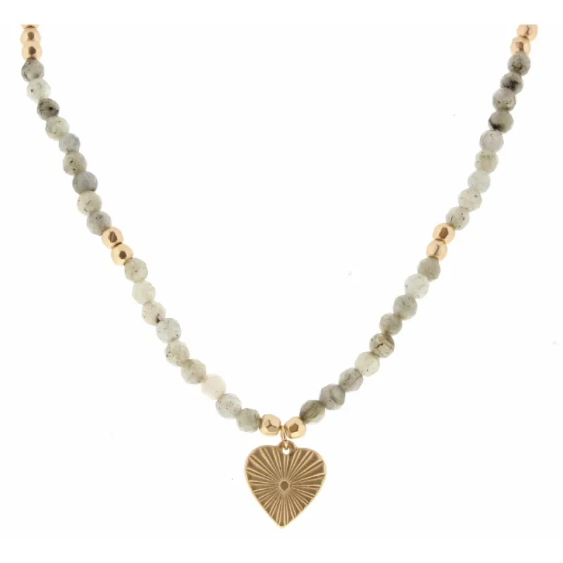 16" Labrodite and Gold Body with Raised Heart Charm Necklace, 3" Ext. sold by Charming Charlie