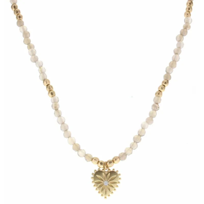 16" Grey Body with Gold Heart Charm with Moonstone Necklace, 3" Ext. sold by Charming Charlie