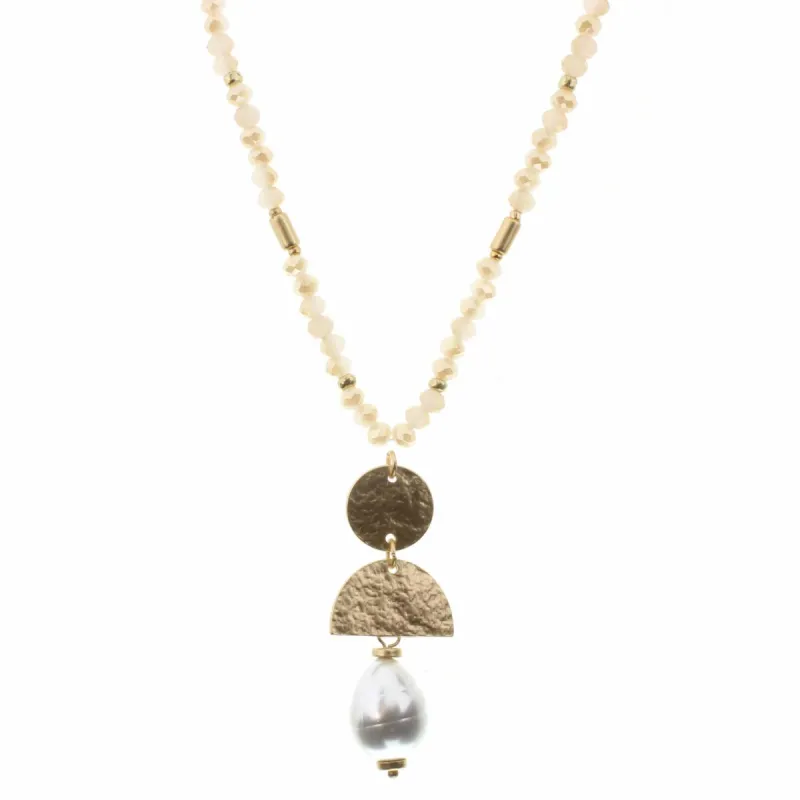 30" Gold Hammered Circle and Arch with Pearl Drop on Rose Body Necklace, 2" Ext. sold by Charming Charlie