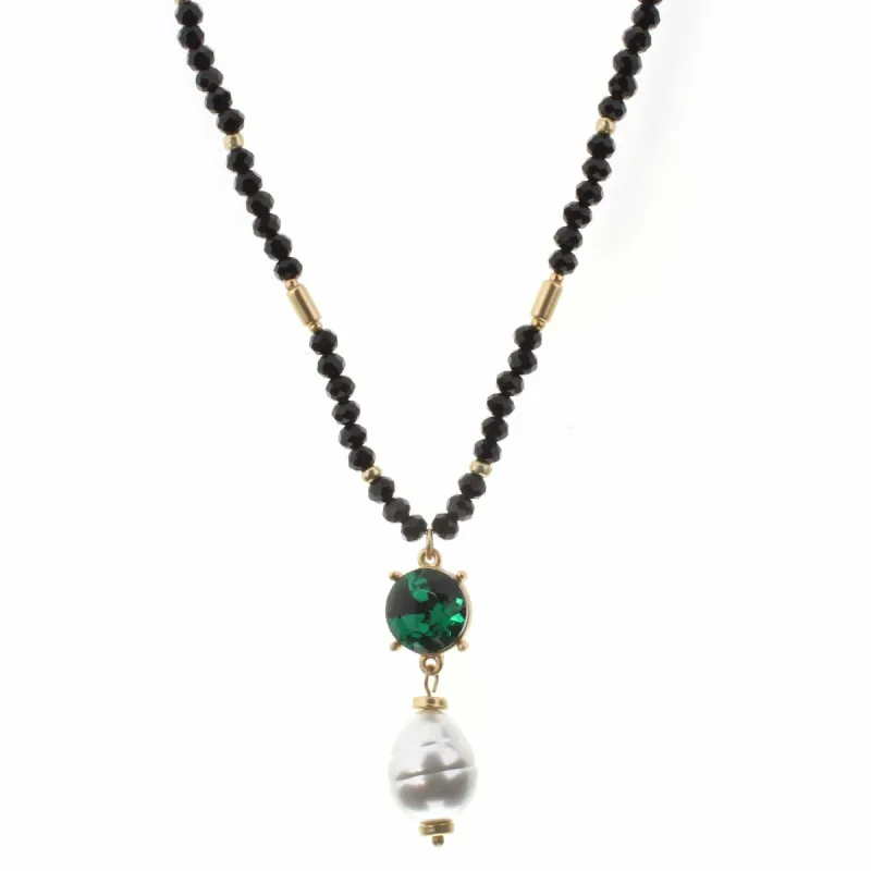 30" Emerald Stone with Pearl Drop on Jet and Gold Beaded Body Necklace, 2" Ext. sold by Charming Charlie
