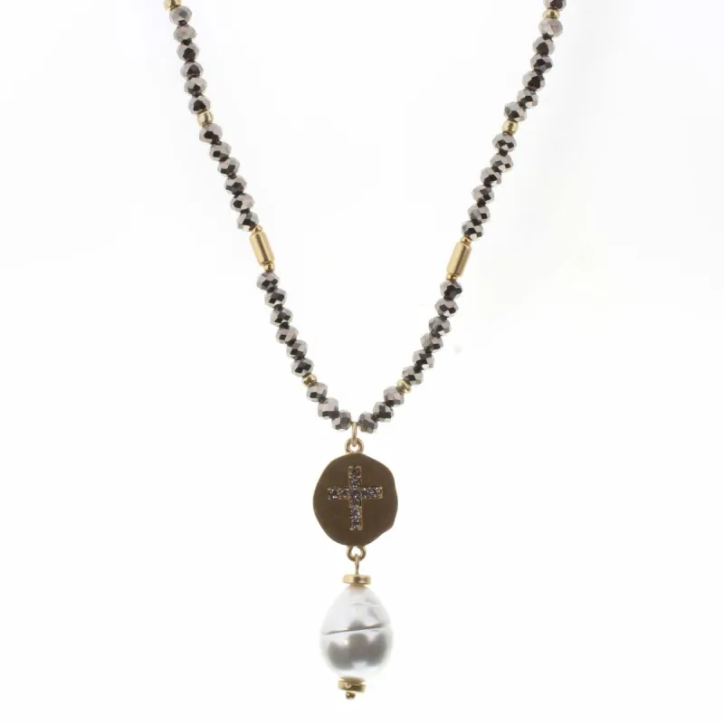 30" Clear Rhinestone Cross on Gold Plate with Pearl Drop on Hematite Body Necklace, 2" Ext. sold by Charming Charlie