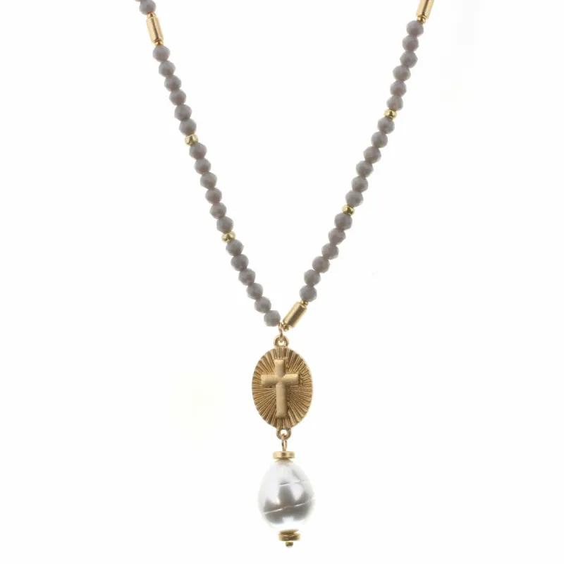 30" Gold Cross with Pearl Drop on Grey Body Necklace, 2" Ext. sold by Charming Charlie