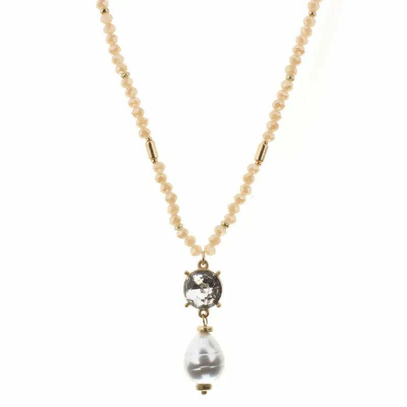 30" Clear Stone with Pearl Drop on Champagne Body Necklace, 2" Ext. sold by Charming Charlie