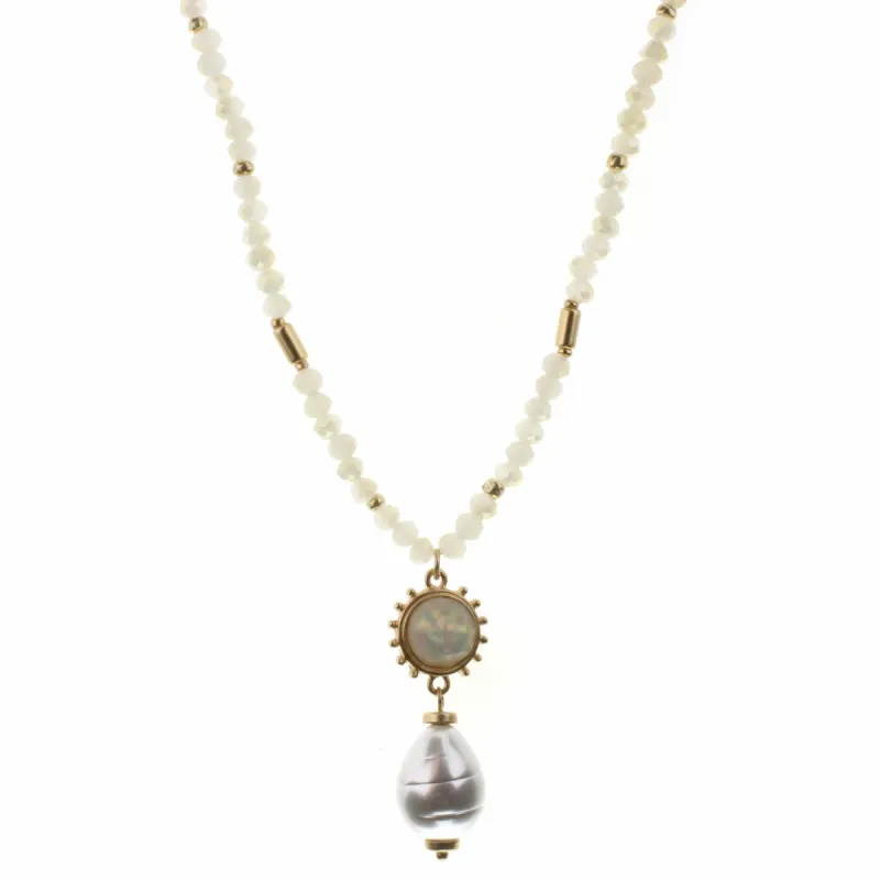 30" Iridescent Burst with Pearl Drop on Two Tone Champagne Body Necklace, 2" Ext. sold by Charming Charlie