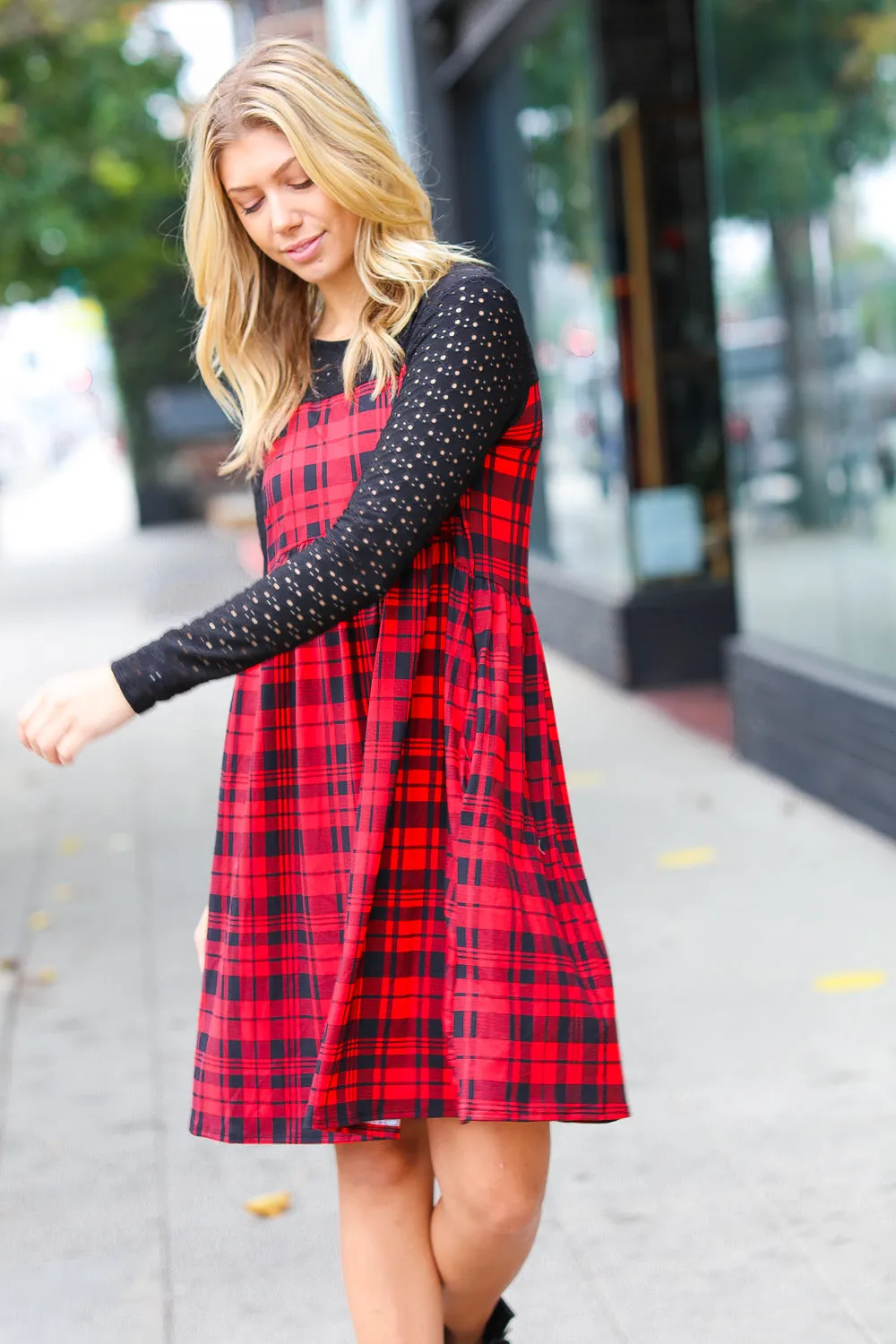Red & Black Holiday Checker Plaid Eyelet Twofer Midi Dress sold by Charming Charlie product image thumbnail 5