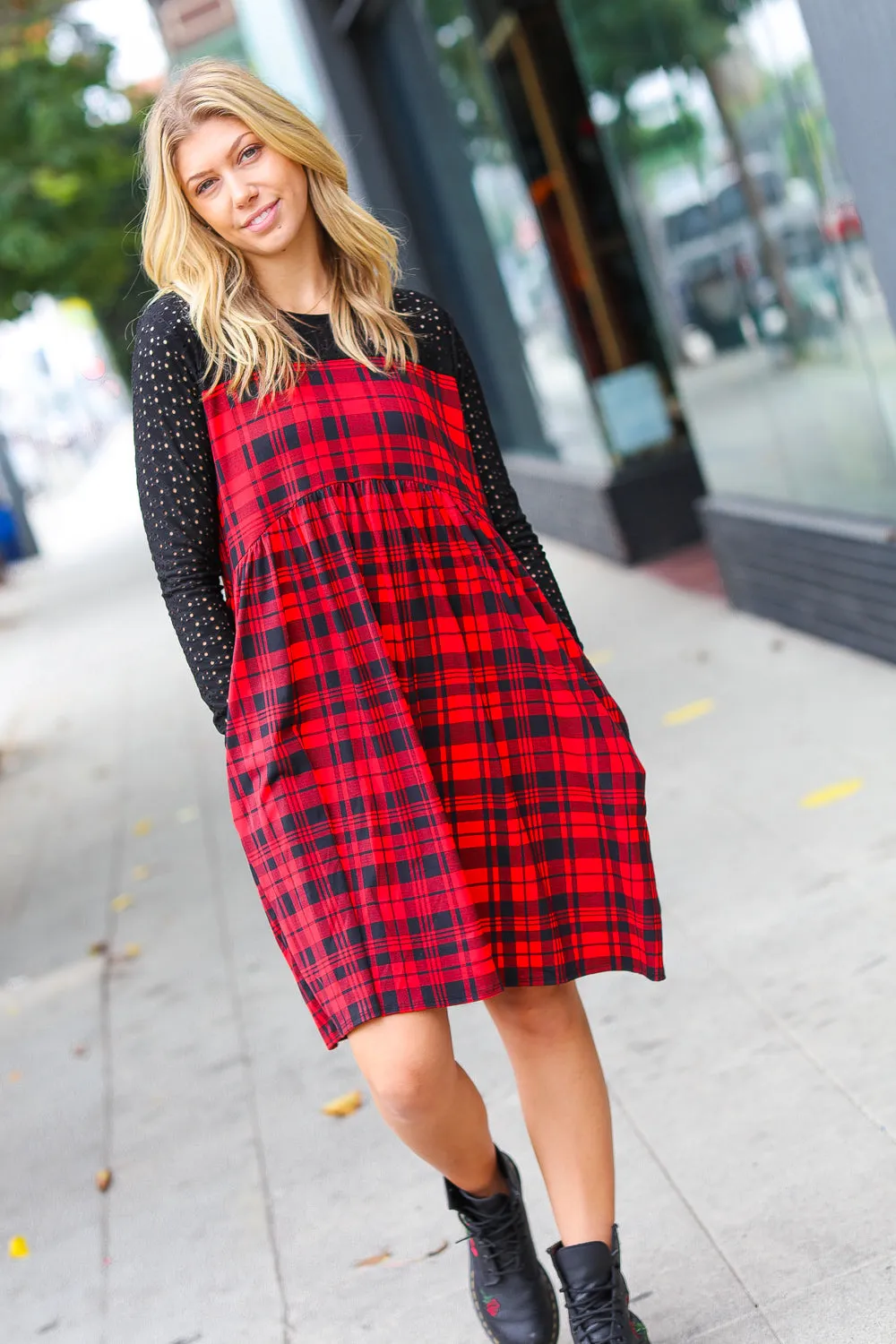 Red & Black Holiday Checker Plaid Eyelet Twofer Midi Dress sold by Charming Charlie